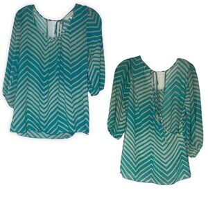 Soulmates Womens M Chevron Top Teal Ivory Tie Back 3/4 Sleeve Blouse